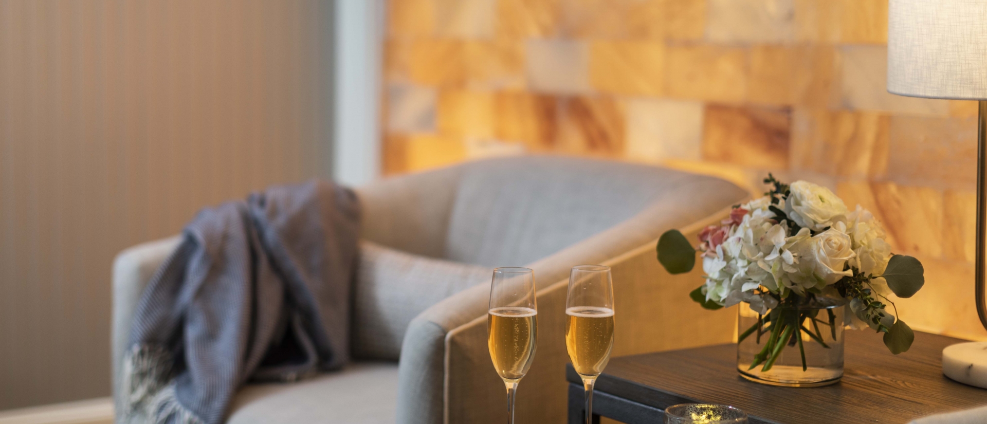 spa waiting room with glasses of champagne
