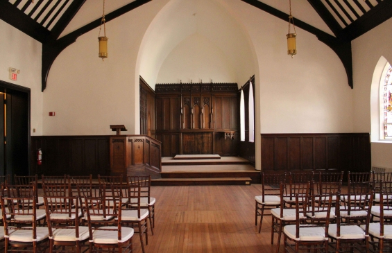 Chapel with wooden chairs set up for a function