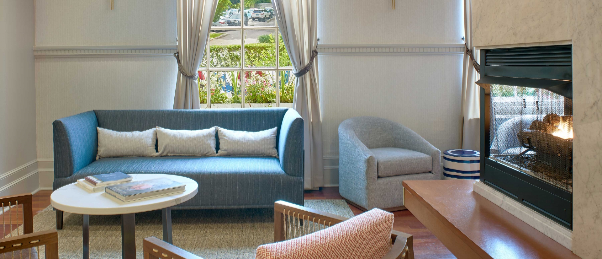 Lobby lounge area with fireplace