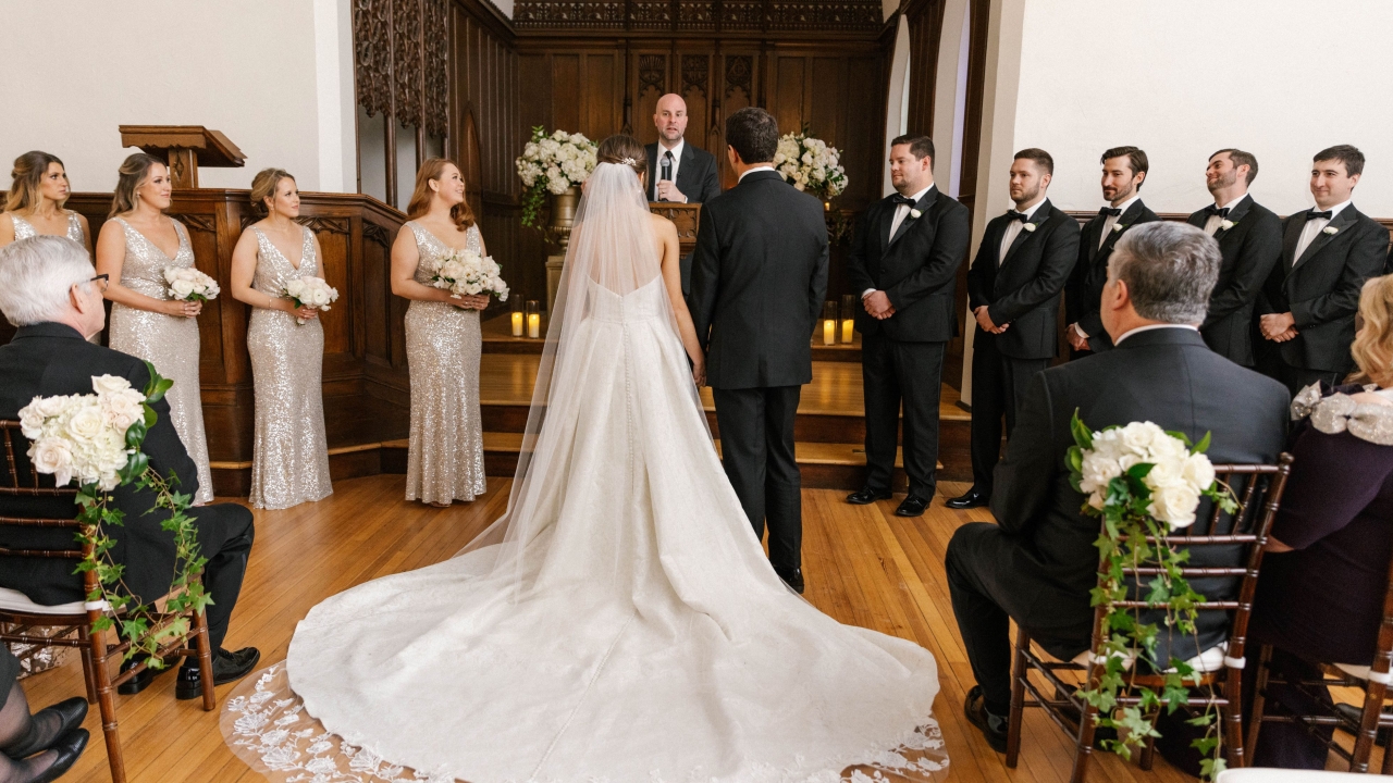 bride and groom in cathedral at of hotel viking