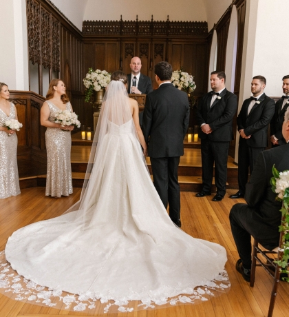 bride and groom in cathedral at of hotel viking